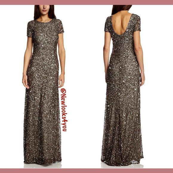 NEW $248‎ Adrianna Papell Short Sleeve Sequin Mesh Gown in Lead [ Size 4 10 ] - Picture 4 of 14